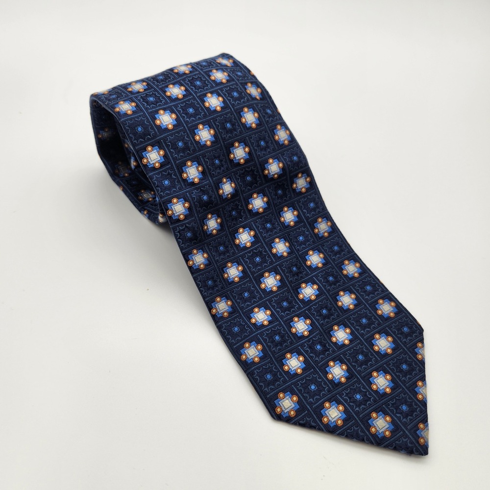W.H. Belk Mens Silk Necktie Blue Orange Geometric Medallion Classic Formal Tie